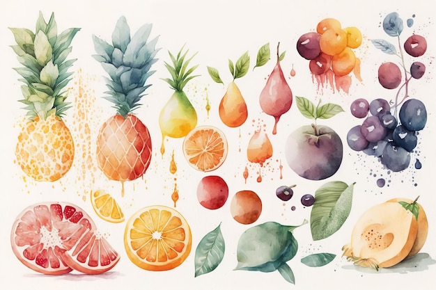 Une illustration aquarelle de fruits et légumes.