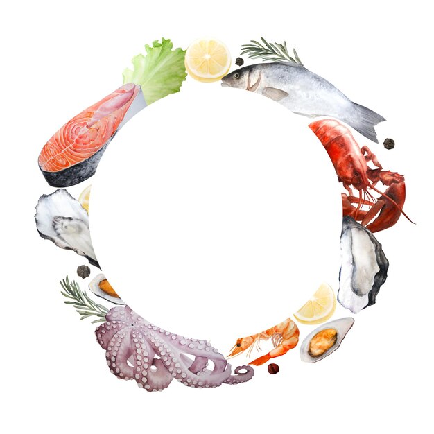 Illustration aquarelle de fruits de mer cadre rond sur fond blanc