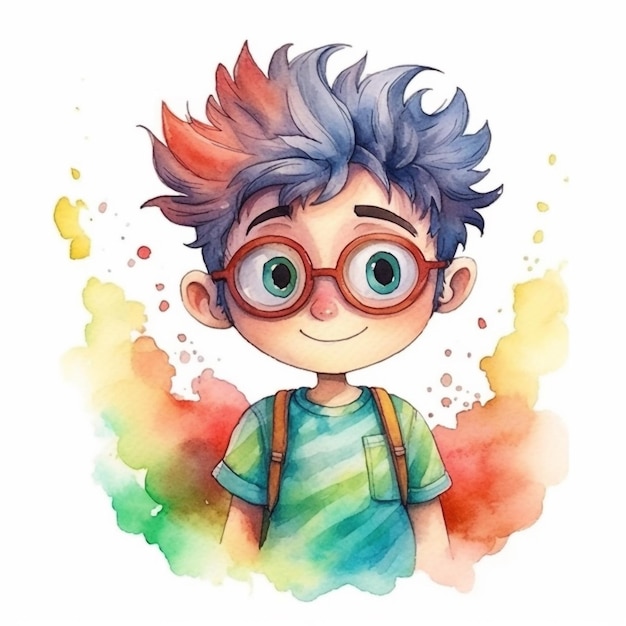 Illustration à l'aquarelle d'un garçon avec des cheveux et des lunettes de couleur arc-en-ciel.