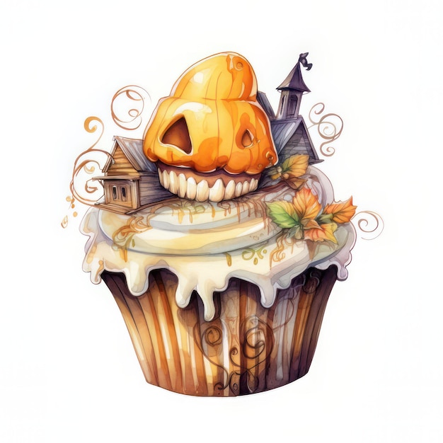 Illustration à l'aquarelle d'un gâteau d'Halloween avec de la citrouille et des bonbons