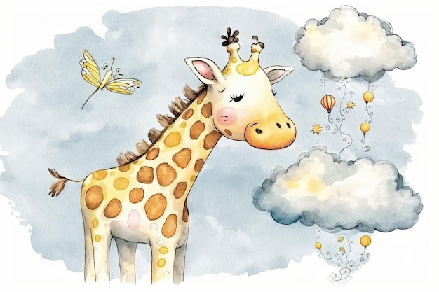 Illustration à l'aquarelle d'une girafe mignonne sur un nuage avec des papillons Le fond est blanc