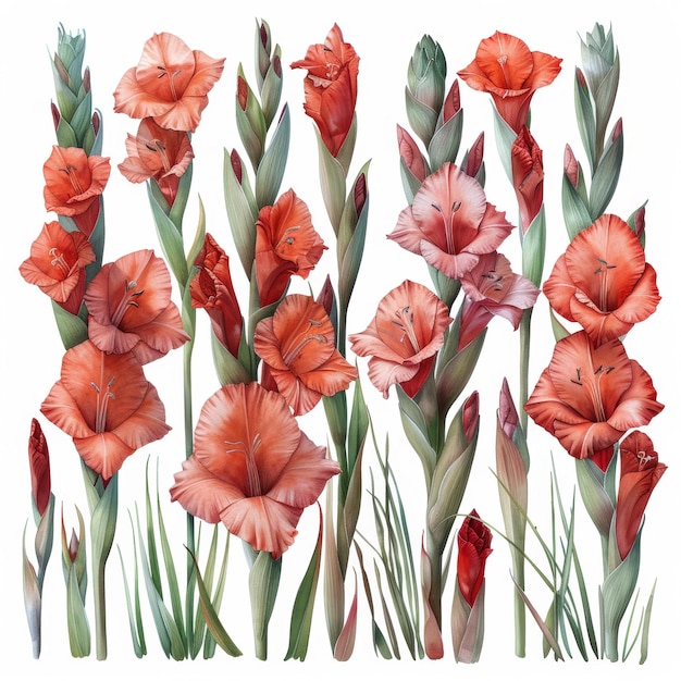 Illustration à l'aquarelle de gladioles rouges sur blanc
