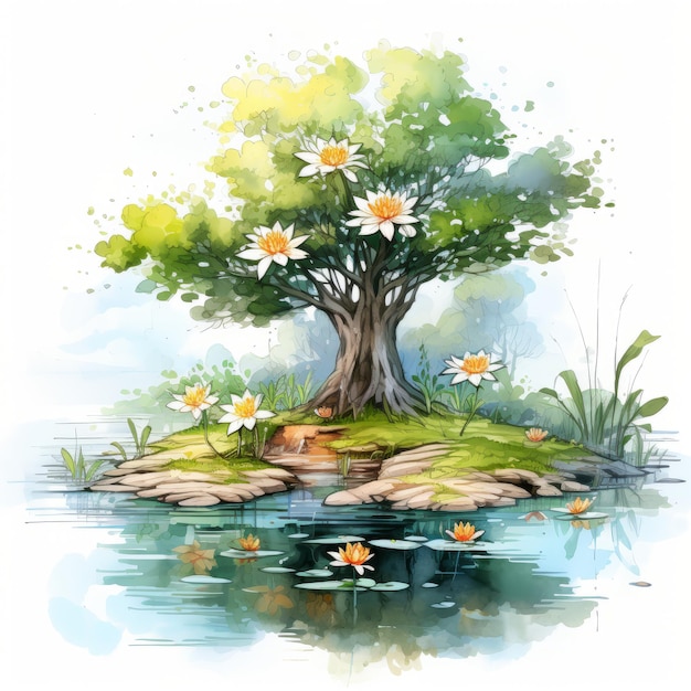 Illustration à l'aquarelle d'un grand arbre et de fleurs de lotus dans l'étang