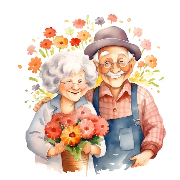 Illustration aquarelle de grands-parents avec des fleurs