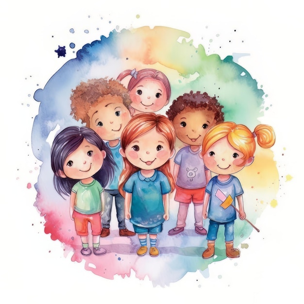 Illustration aquarelle d'un groupe d'enfants en cercle