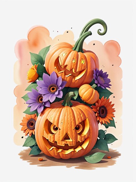 Illustration à l'aquarelle d'Halloween une citrouille effrayante des fleurs colorées