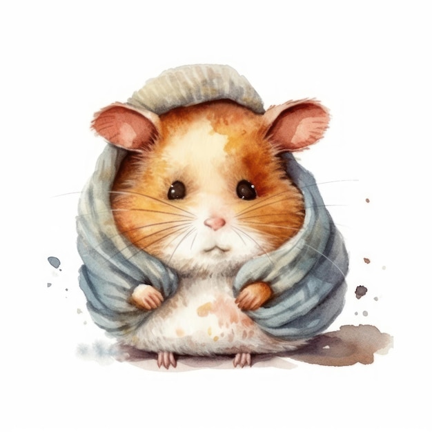 Illustration aquarelle d'un hamster coiffé d'un chapeau