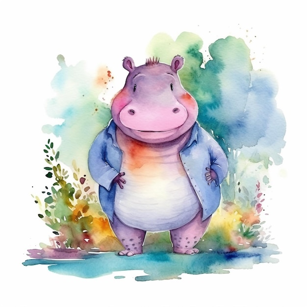 Illustration à l'aquarelle d'un hippopotame dans une veste bleue.