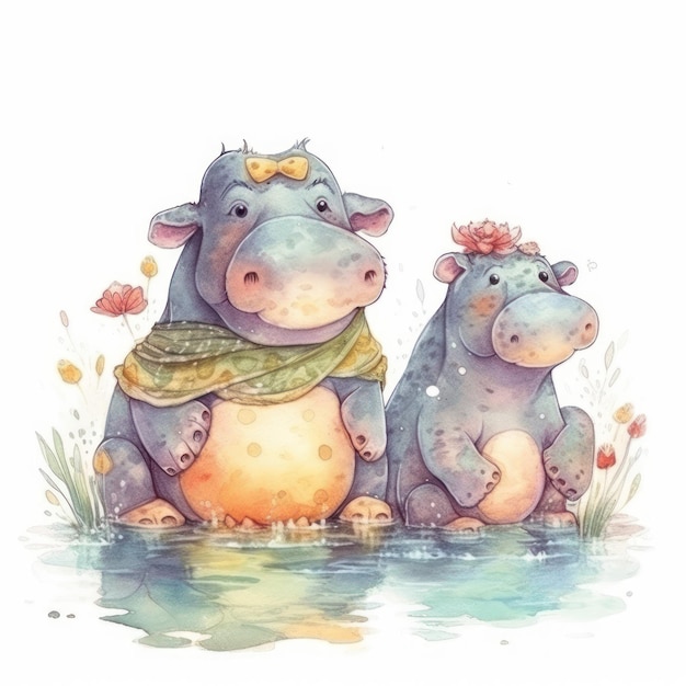 Illustration à l'aquarelle d'un hippopotame et de sa maman.