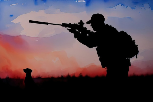 Illustration à l'aquarelle d'un homme avec des armes dans ses mains un chasseur avec un chien Generative AI