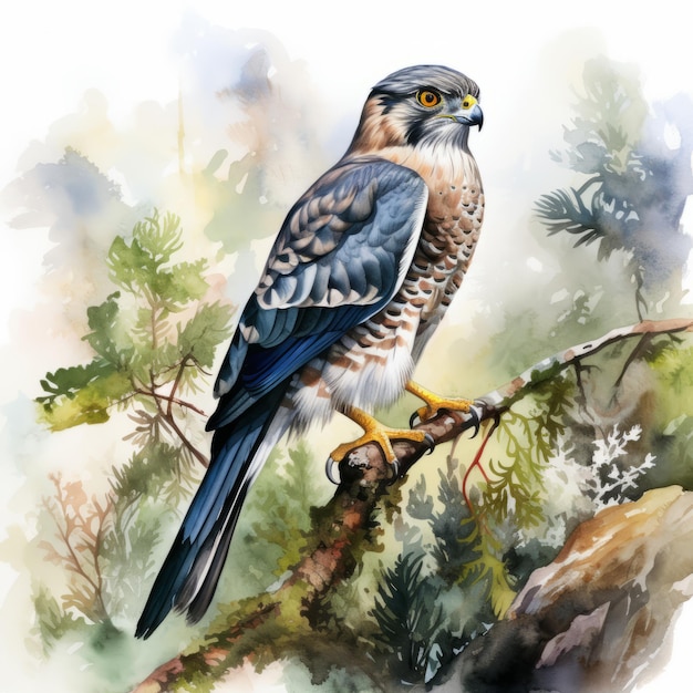 Illustration aquarelle hyperréaliste d'un faucon perché
