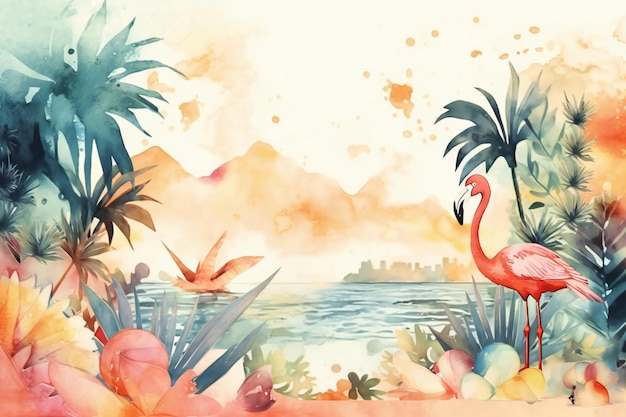 Une illustration à l'aquarelle d'une île tropicale avec des flamants roses et des palmiers.