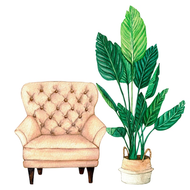 Illustration aquarelle intérieur du salon avec canapé oreillers décor Clipart éléments de décor à la maison sur un fond blanc fauteuil