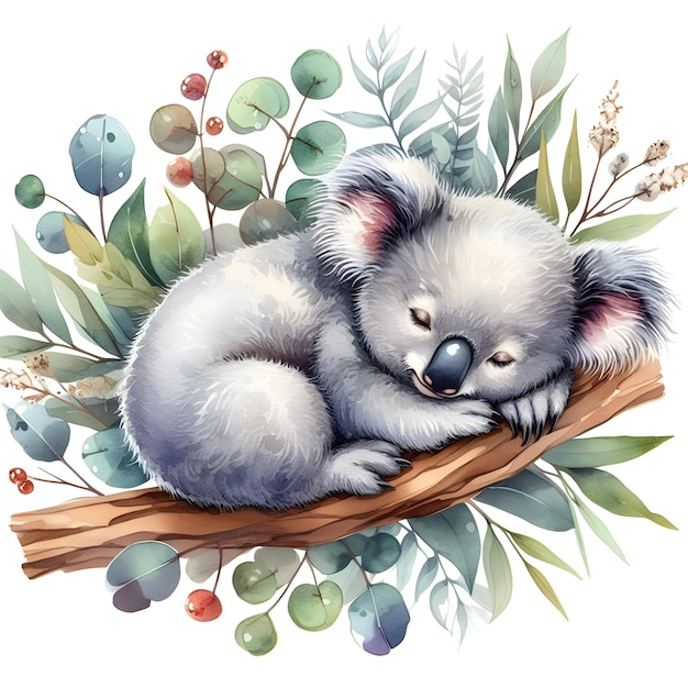 Photo illustration à l'aquarelle isolée d'un mignon ours koala avec des feuilles d'eucalyptus sur un fond blanc
