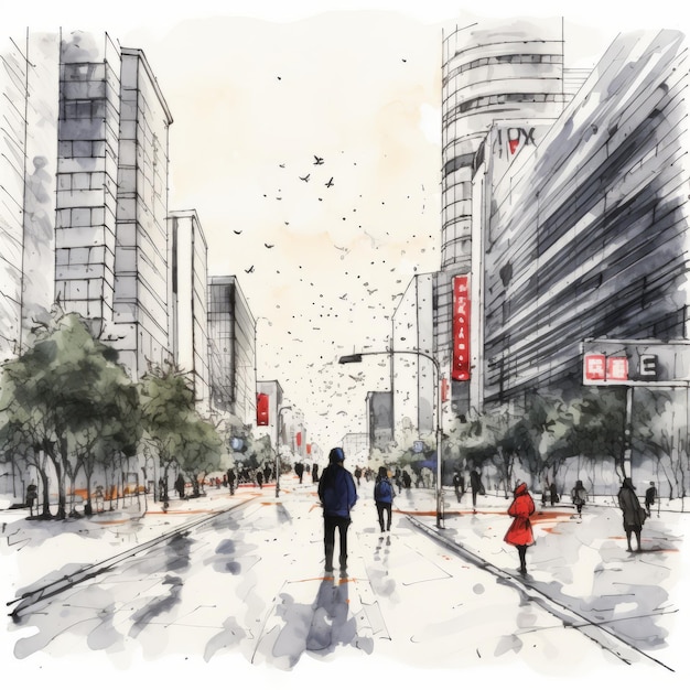 Illustration d'aquarelle japonaise minimaliste de personnes marchant dans une ville