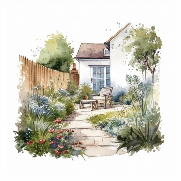 Illustration à l'aquarelle d'un jardin avec un banc de jardin et une clôture.