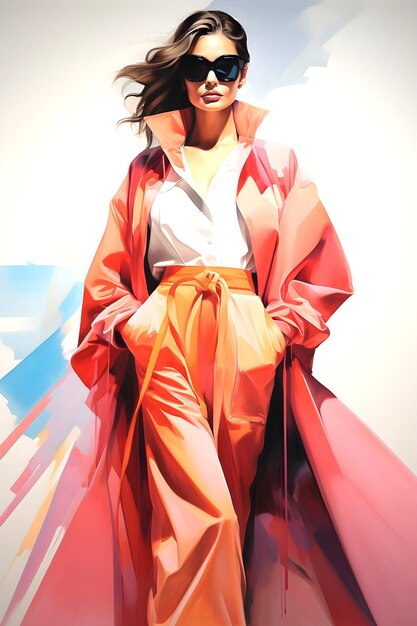 Illustration à l'aquarelle d'une jeune femme en vêtements à la mode
