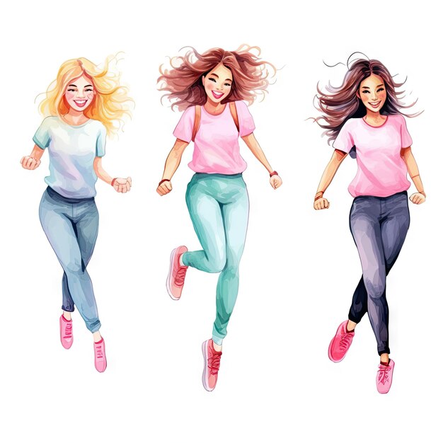 Illustration à l'aquarelle de jeunes filles en mouvement à fond blanc