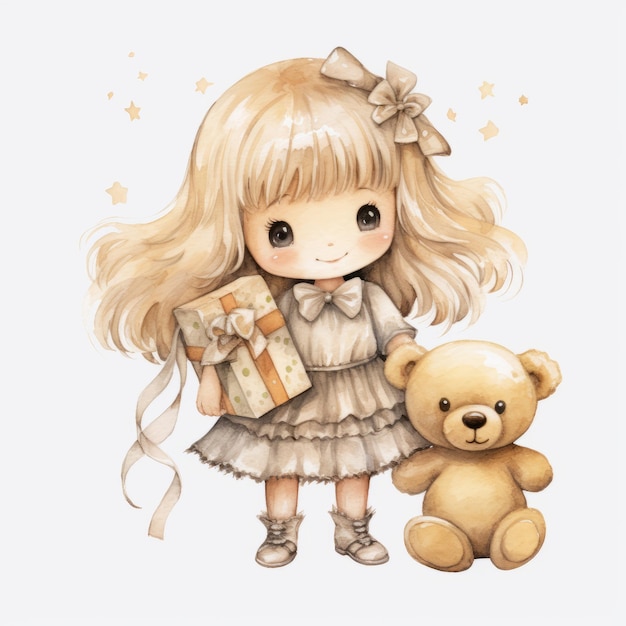 Illustration aquarelle d'une jolie fille avec ours en peluche et boîte-cadeau