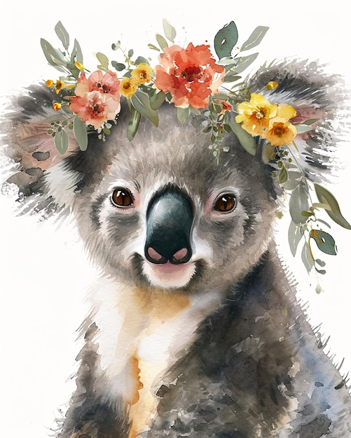 Illustration aquarelle d'un koala dans une couronne de fleurs