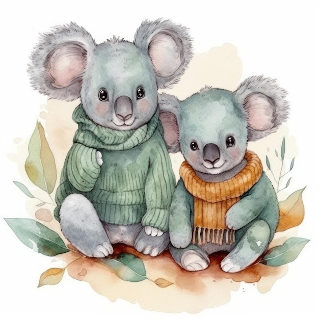 Illustration aquarelle de koalas dans un pull.