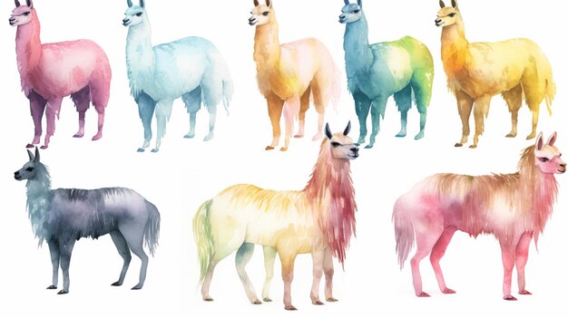 Une illustration à l'aquarelle de lamas de différentes couleurs.