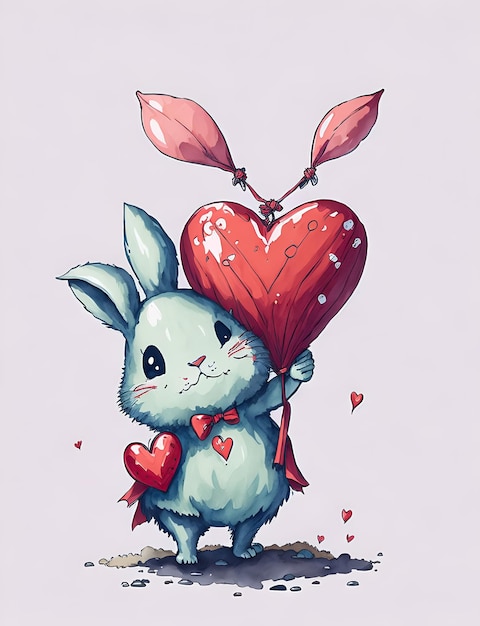 Illustration aquarelle de lapin blanc mignon qui tient un ballon de forme coeur génératif ai pâques