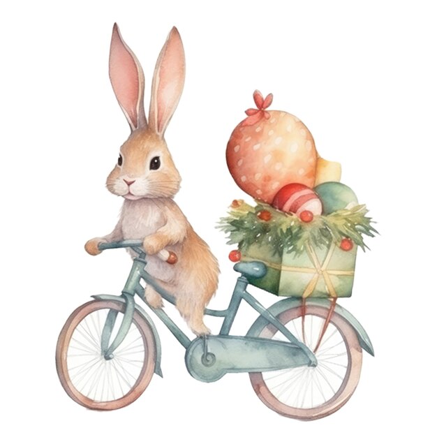 Illustration à l'aquarelle d'un lapin sur un vélo avec un sapin de noël en arrière-plan