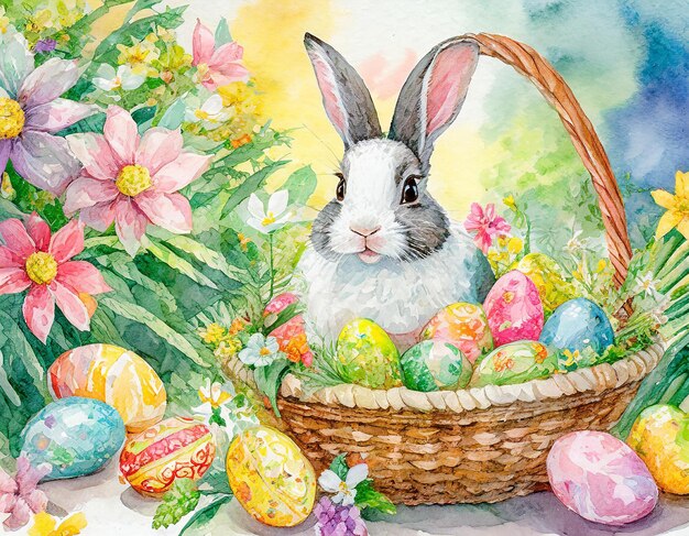 Illustration à l'aquarelle des lapins de Pâques