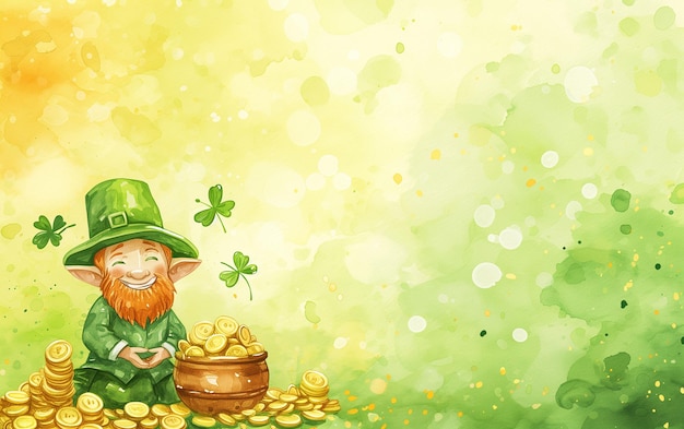 Illustration aquarelle de Leprechaun avec pot d'or