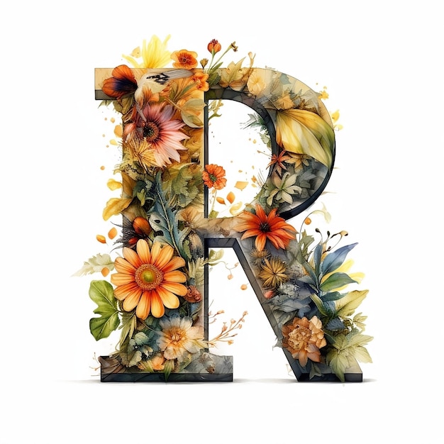 Une illustration à l'aquarelle de la lettre r avec des fleurs et des feuilles.