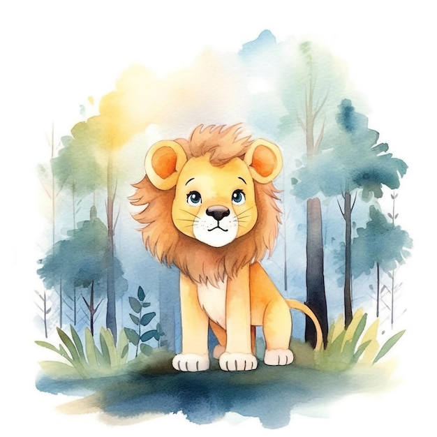 Illustration aquarelle d'un lion dans une forêt