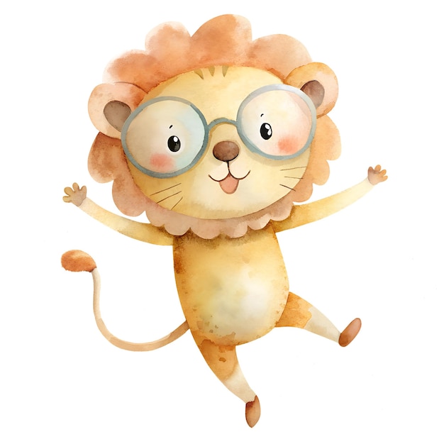 Illustration à l'aquarelle avec un lion drôle en lunettes isolé sur fond blanc