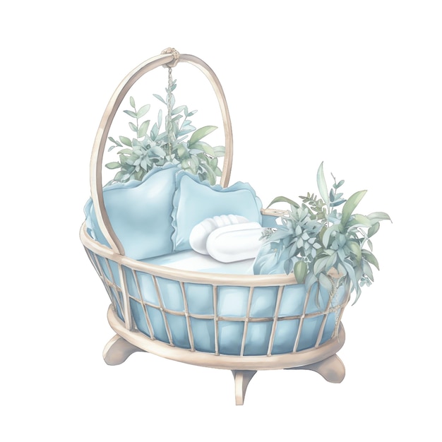 Illustration aquarelle de lit bleu bébé mignon