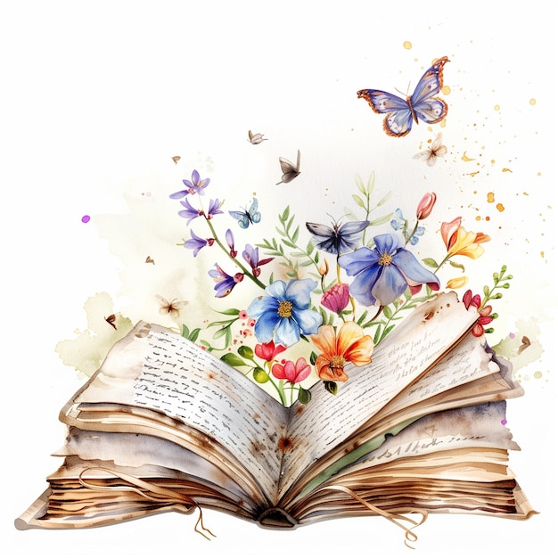 Illustration à l'aquarelle d'un livre de contes de fées vintage avec des fleurs et un papillon