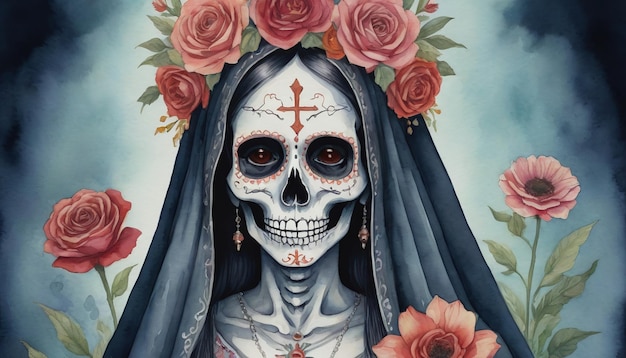 Photo illustration à l'aquarelle de la llorona et de la santa muerte avec un crâne orné de fleurs