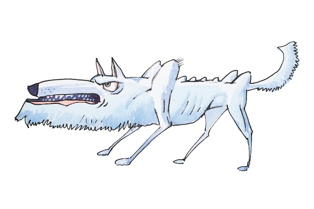 Illustration à L'aquarelle D'un Loup En Colère Gris Maigre Souriant Et Grognant Avant L'attaque