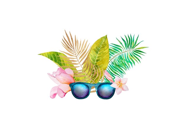 Illustration aquarelle de lunettes de soleil fleurs tropicales branche de palmier sur fond blanc