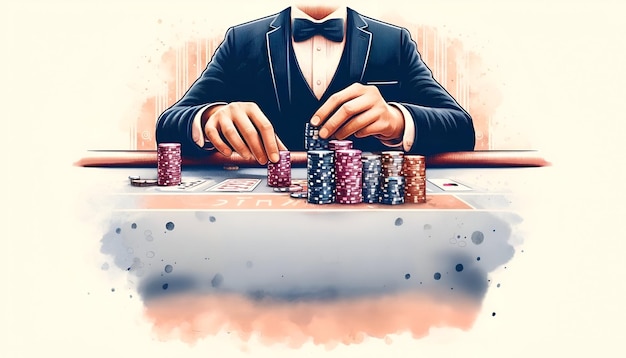 Photo illustration à l'aquarelle des mains masculines du bookmaker dans le casino triant les jetons de casino
