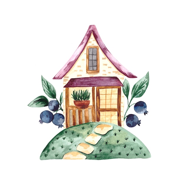 Illustration à l'aquarelle d'une maison ensoleillée d'été dans une clairière avec des baies et des brindilles de bleuets