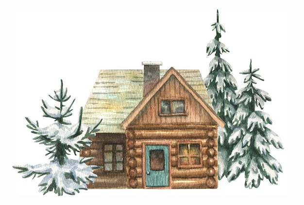 Illustration à l'aquarelle d'une maison forestière en bois entourée de sapins dans la neige.