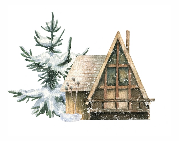 Illustration à l'aquarelle d'une maison forestière en bois entourée de sapins dans la neige.