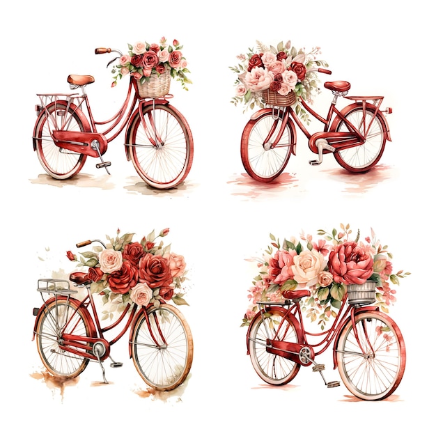 Illustration à l'aquarelle mariage floral vélo marsala rouge