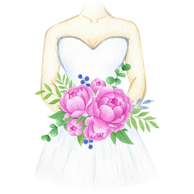 Illustration à l'aquarelle d'une mariée en robe blanche avec un bouquet de pivoines