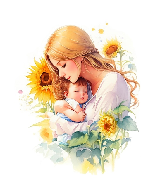 Illustration à l'aquarelle d'une mère satisfaite embrassant son bébé décorée de fleurs