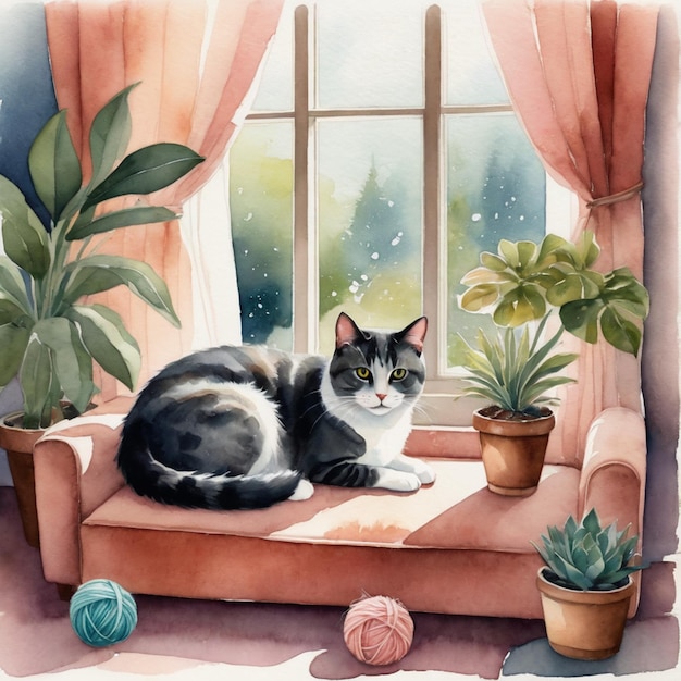 Illustration à l'aquarelle d'un mignon chat assis sur un canapé près de la fenêtre