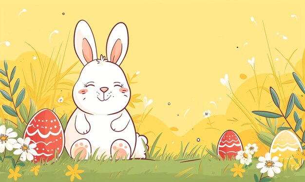 Illustration à l'aquarelle d'un mignon lapin assis sur un champ de printemps avec des œufs de Pâques colorés