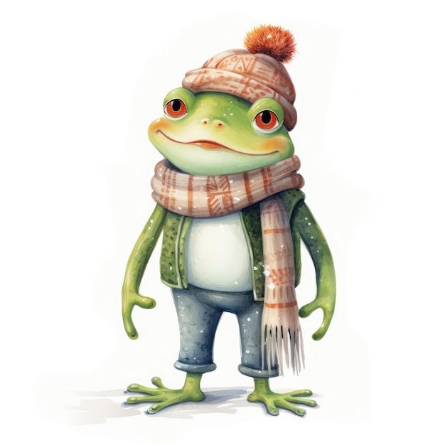 Illustration à l'aquarelle d'une mignonne grenouille portant un foulard de chapeau tricoté sur un fond blanc