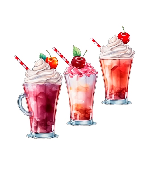 Une illustration à l'aquarelle de milkshakes avec des cerises sur le dessus.