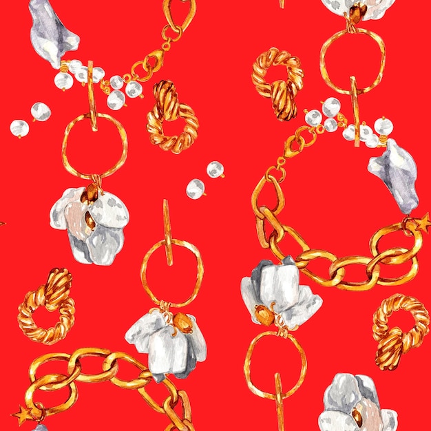 Photo illustration à l'aquarelle de la mode modèle sans couture avec des bijoux en or avec des perles baroques collier avec des perles baroques de la rivière boucles d'oreilles en perles bracelet pendentifs illustrations à l'aquarelle faites à la main